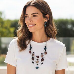 Colorful multistrand illusion bead necklace set, layered wire, multicolored